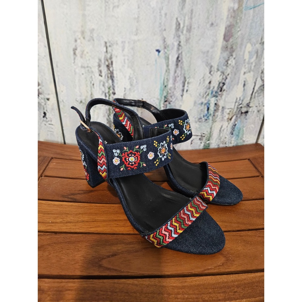 Vaneli Block Heel Sandals 8M Blue Denim Floral Embroidered Boho Slingback Shoes